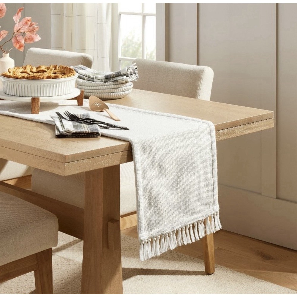 Table Runner 14" x 72" Pebble Texture Woven Cream Fringed Hearth & Hand Magnolia